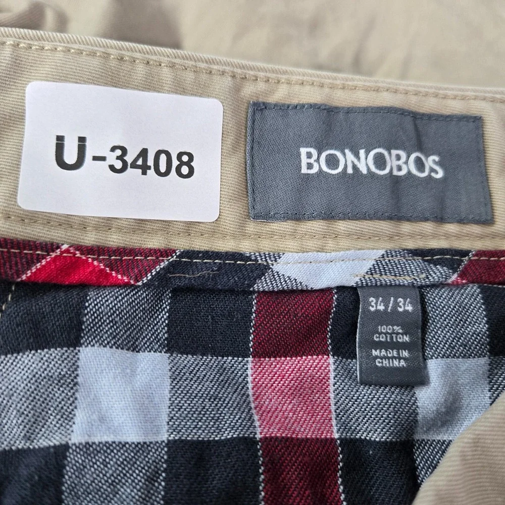 Bonobos Men Pants 34x34 Beige Straight‎ Pockets Flat Front Mid Rise Cotton
